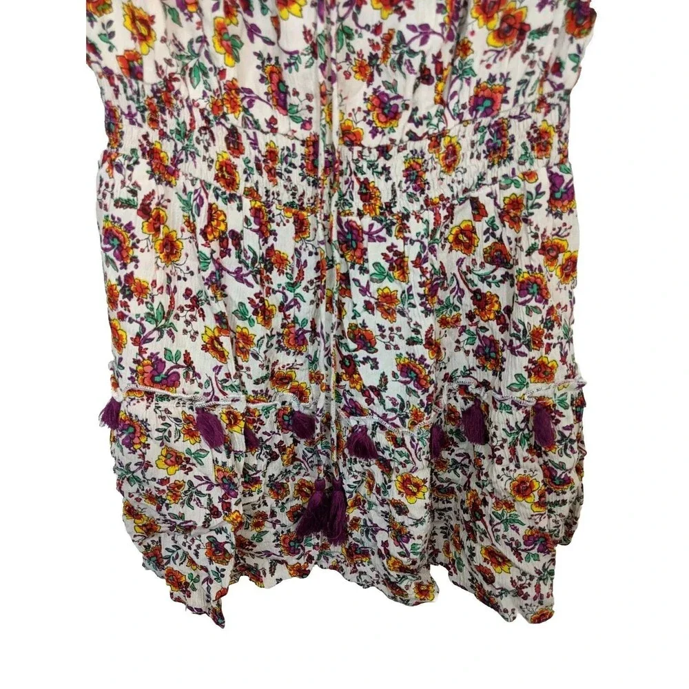 Raga Mini Tunic Dress Floral Tassel Shirred Bohemian Off Shoulder Size Small - Picture 9 of 11